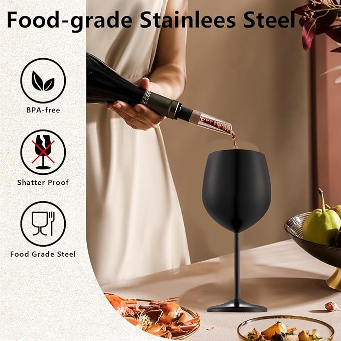 UNISWEET Stainless Steel Wine Glasses Set of 6 with 1 Corkscrew Matte Black | 17 oz Unbreakable Metal Wine Goblets, Reusable & Sturdy, Ideal for Outdoor, Travel, Camping, Pool, Gift for Wine Lovers