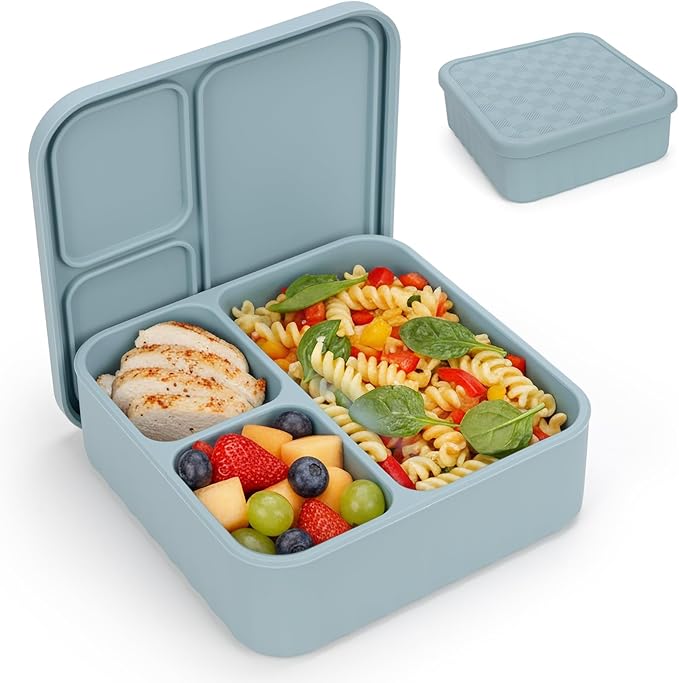 Ziplock Silicone Food Storage Bags Freezer, Bundle of 3 Compartment Silicone Bento Box Adult Lunch Container, Microwave Oven Dishwasher Safe