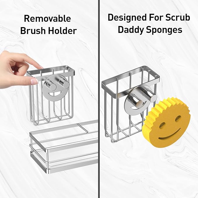 Moforoco Kitchen Dish Soap Dispenser Set, 16OZ Glass Bottle, Hand and Dish Soap Dispenser Set, Instant Dry Tray, Brush Holder with Smiley Face Sponge Holder (Silver Tray+Black&White Bottle)