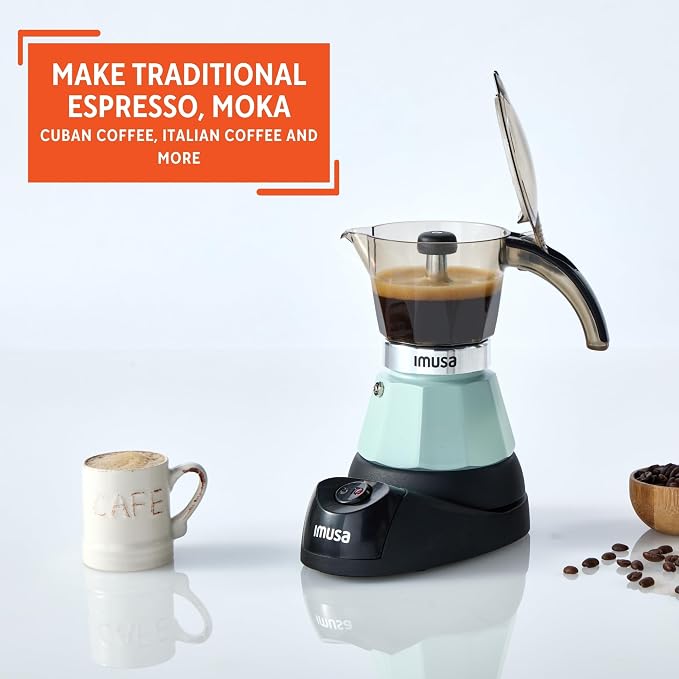 IMUSA 3 or 2 Cup Electric Mint Espresso Maker, Compact Moka Coffee Machine with Keep Warm Function, Detachable Base, Cuban & Italian Coffee Brewer, Mint & Black