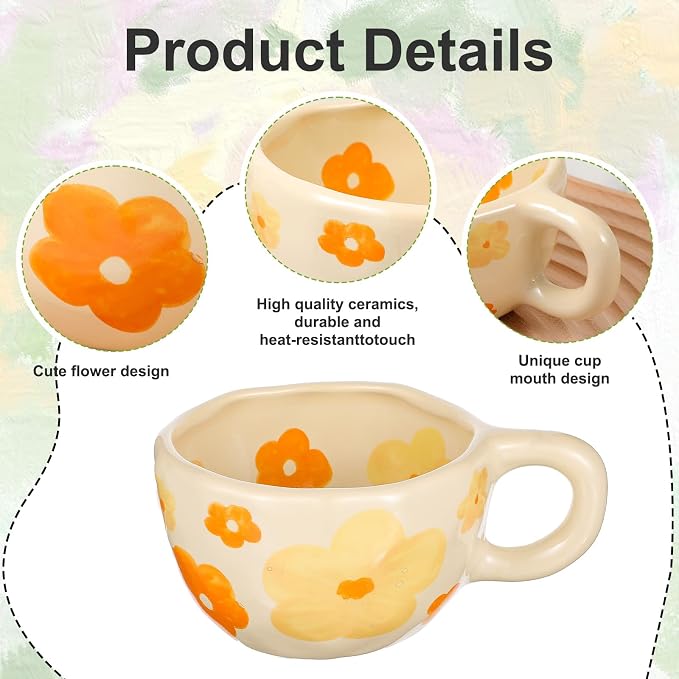 4 Styles Cute Spring Ceramic Flower Coffee Mug Set 8.5 oz Vintage Aesthetic Porcelain Floral Tea Coffee Cup with Handle Dishwasher Microwave Safe for Mother's Day Easter Gift for Women