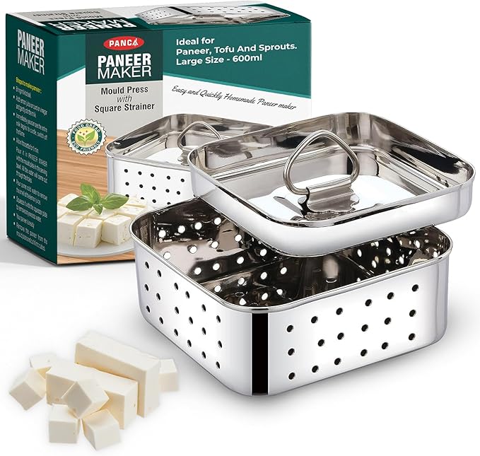 PANCA Stainless Steel Square Shape Indian Paneer/Tofu Press Mould Maker (450 Ml), Size-12.5X12.5X4.5 Centimeters, Silver (Big)