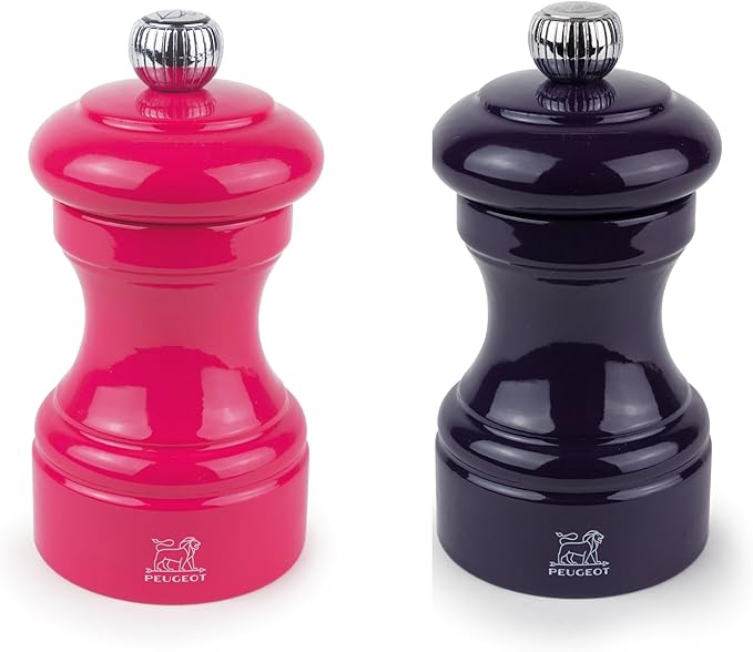 Peugeot Bistro Pepper and Salt Mill Set, 4in - Beechwood Mills with Adjustable Grinding - For Peppercorns and Rock Salt, Corrosion-Resistant - Essential Kitchen Tools (Pink/Eggplant)