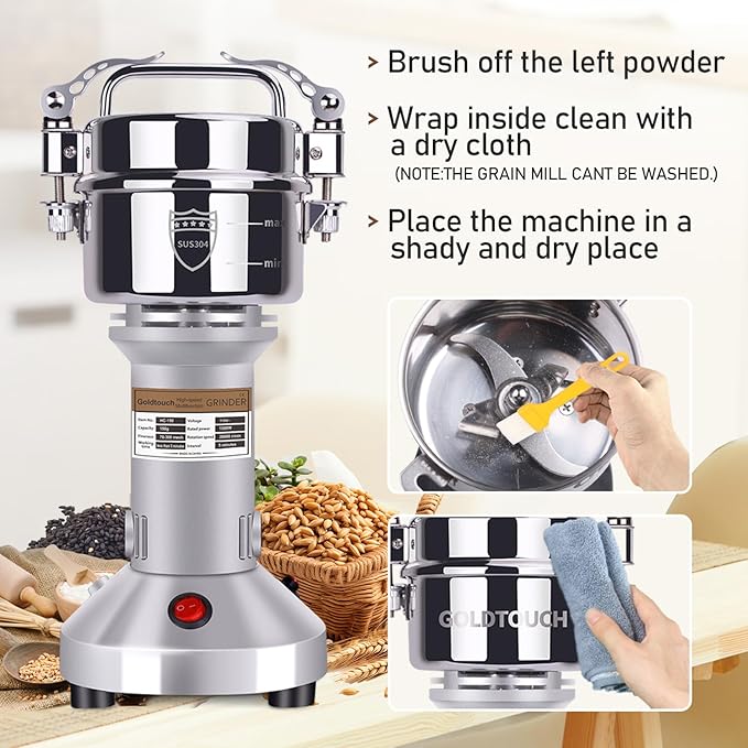 Goldtouch 150g Grain Mill Grinder 1500W Electric Stainless Steel Grain Grinder High-Speed Pulverizer Powder Machine for Dry Wheat, Oats, Corn, Pepper and Coffee Beans (150g Stand Type)