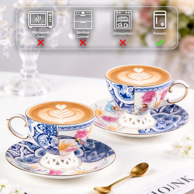KAMMAK Tea Cups and Saucers Set of 2, Fine Bone China Coffee Cups, Stackable Espresso Mugs, Ceramic Demitasse for Coffee, Cappuccino, Latte, Americano, Tea, Blueprint of Prosperity