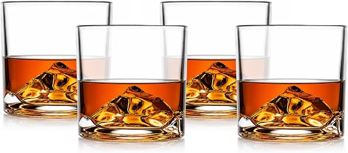 LIITON Mount Everest Heavy Crystal Whiskey Glasses Gift Set of 4, Thick Freezable Bourbon Glass 1lb Each, Premium Whiskey Gifts for Men, Frozen Crystal Chills Cocktails, 10 oz
