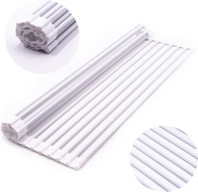 Bigdata&BetterLife Multi Purpose Roll Up Dish Drying Rack White Dish Drying Mat with Rack for Kitchen,Heavy Duty Foldable Silicone-Coated Stainless Steel Sink Dry Rack (White,20.5" x 13.1")