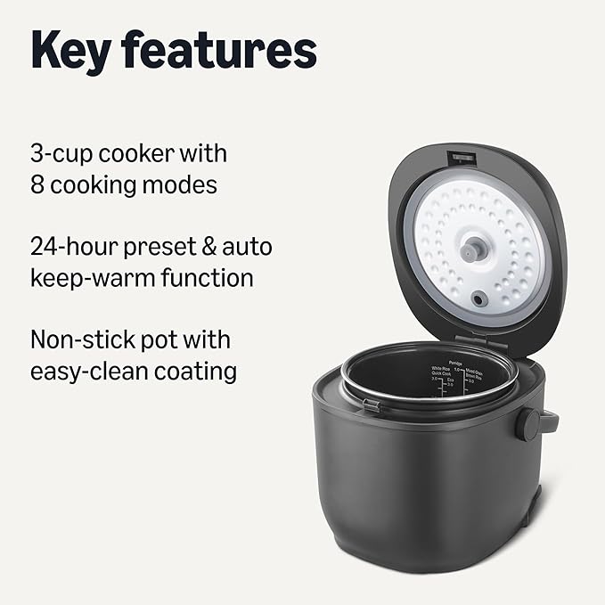 Amazon Basics Rice Cooker Small 3-cup Uncooked 6-cup Cooked, Micon with Fuzzy Logic,Keep Warm, Black