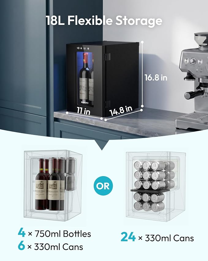 EUHOMY 18L Freestanding Counter-top Wine Fridge Mini Fridge, 4 Bottle and 6 Can Wine Cooler for Red White Wine, Wine Cellar with LED Digital Temperature Display Quiet, Black