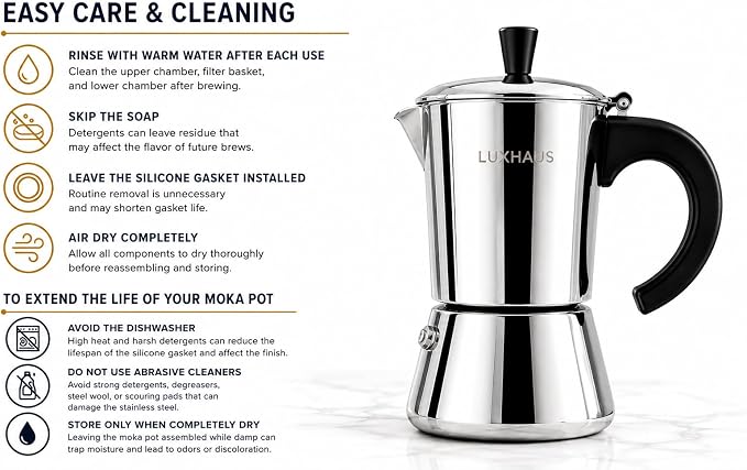 LuxHaus 9 Cup Moka Pot (2oz each cup - 18oz total) Stovetop Espresso Maker - Stainless Steel Italian and Cuban Mocha Coffee Maker