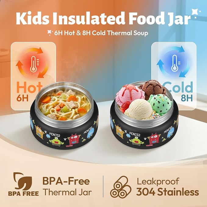 Itslife Bento Box for Kids Set, Insulated Food Container,Kids Lunch Box, 7 oz Thermos for Hot Food, 12 oz Thermos Water Bottle, Reusable Insulated Ice Bag & Fork Spoon Utensils Camping Travel Black
