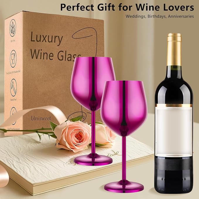 UNISWEET Stainless Steel Wine Glasses Set of 4 Unbreakable Wine Glass 18 oz Unique Metal Wine Goblets for Outdoor, Travel, Camping, Pool, Ideal Gift for Wine Lovers (Purple)