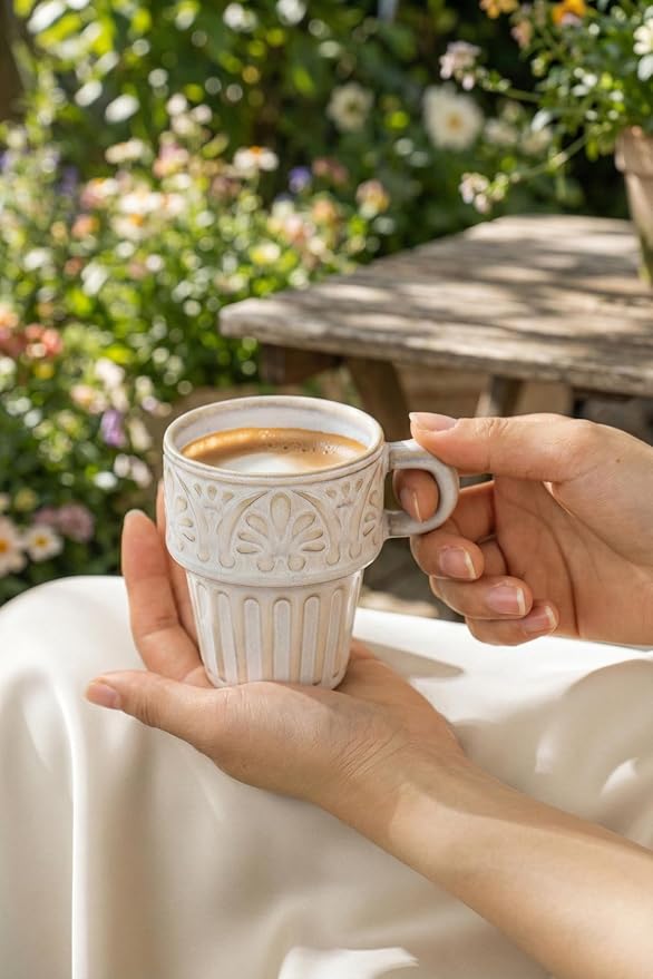 LYEOBOH Cappuccino Cups, Espresso Cups, Coffee Mugs Set of 6, Ceramic Cup, 6 OZ Beige Stackable Mug Set of 6, Easy To Clean Comfortable Handle for All Ages, Great for Party Dinner & Festival Gifts