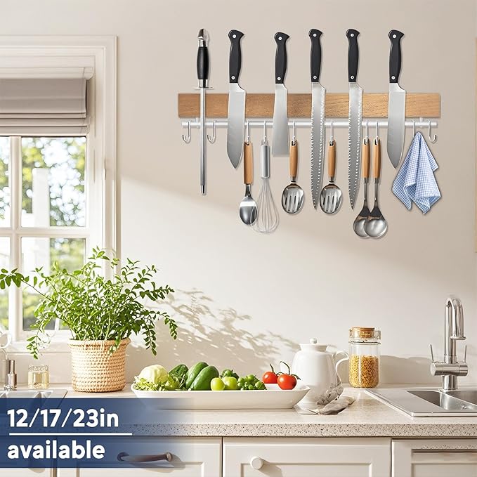 Dmore magnetic knife holder for wall—with 10 hooks, No Drilling 17 Inch Wood knife magnetic strip, Extra Strong Magnet knife rack, include Adhesive Tape and screws for Knives and Tools