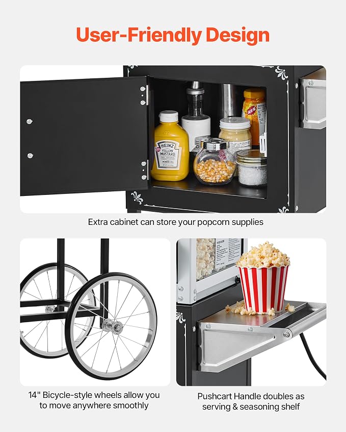 VEVOR Popcorn Machine with Cart, 8oz Stainless Steel Kettle, 800W Commercial Popcorn Maker, 48 Cups per Batch Theater Style Popper, with 2-Button Control Glass Wall PC Door 1 Scoop 3 Spoons, Black