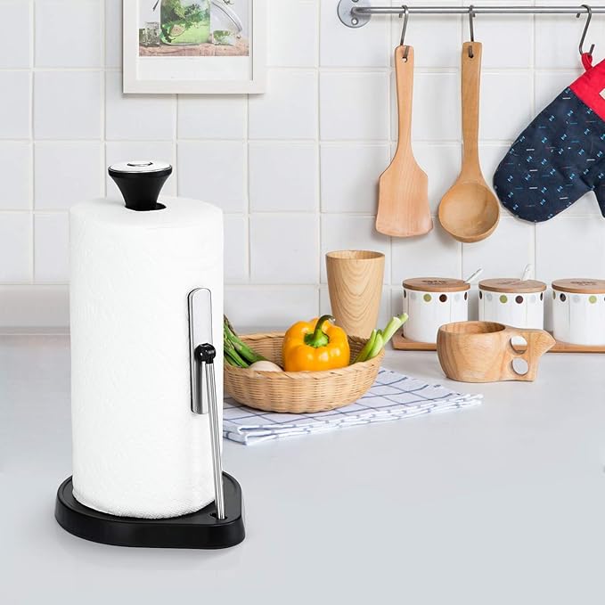 Single Tear Paper Towel Holder Countertop, Standing Paper Towel Holder Stainless Steel with Tension Arm, Easy to Tear Paper Roll Dispenser Stand for Kitchen Countertop & Bathroom
