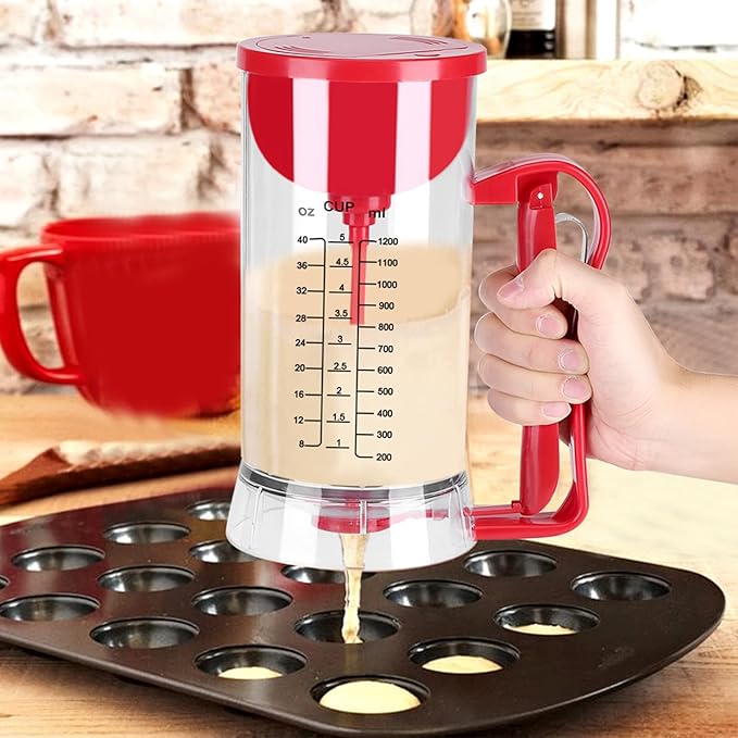 Batter Dispenser, 1200mL Cordless Electric Pancake Cupcake Batter Mixer Bakeware Maker Machine Battery Powered Measuring Baking Tool for Muffins Crepes Cake