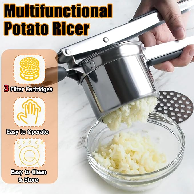 Large 15oz Potato Ricer, Stainless Steel Potato Masher and Ricer Kitchen Tool, Heavy Duty and Durable for Effortless Mashing - with Spoon and Fork Set