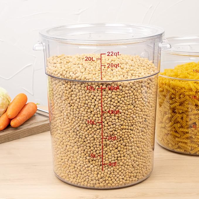 Restaurantware Met Lux 22 Quart Food Storage Containers 10 Round Commercial Storage Containers - Lids Sold Separately With Volume Markers Clear Plastic Food Prep Buckets Space-Saving Storage
