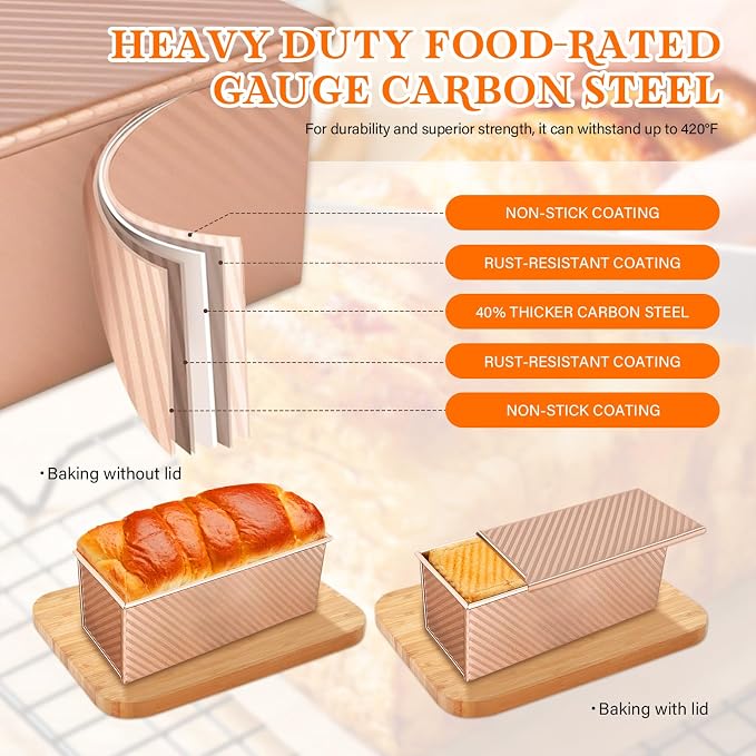3-Pack Bread Pan with Lids, 2.2LB & 1LB & 1LB Dough Capacity, Non-Stick Carbon Steel Pullman Loaf Pan for Baking, Professional Toast Box Mold with Baking Tools - Gold