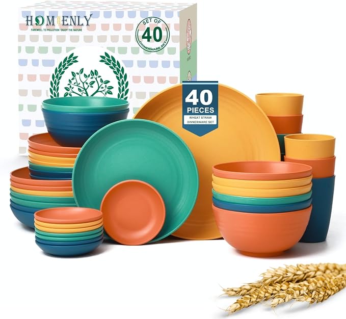 Homienly 40-Piece Unbreakable Wheat Straw Dinnerwave Sets Plates and Bowls Sets for Kitchen, RV, Dorm, Lightweight Camping Dishes Set, Service for 8, Microwave and Dishwasher Safe Dish Sets (Multi)