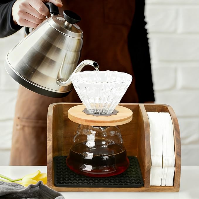 Acacia Coffee Bar Station Organizer Stand, Wooden Pour Over Maker Caddy Storage Organizers, Coffee Filter Holder for Countertop with Heatproof Mat (9.4*7*5.1 inch) Glass Coffee Maker not included
