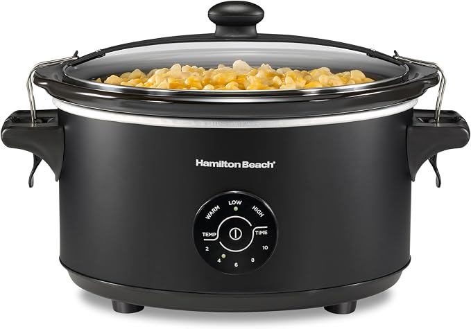 Hamilton Beach 7 Quart Stay or Go Portable Programmable Slow Cooker, 15 Cooking Options, Large Dishwasher Safe Stoneware Crock, Clip-Tight Glass Lid For Easy Travel, Black (33771)