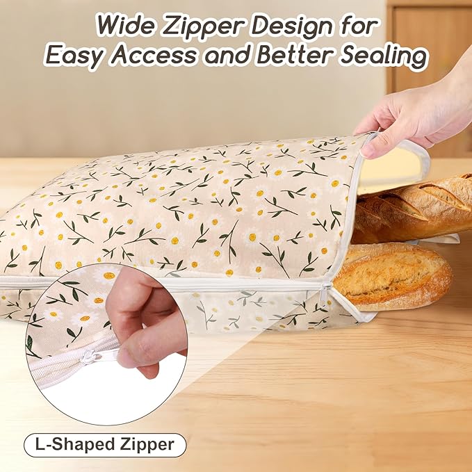 Wide Zipper Beeswax Bread Bags for Homemade Bread, 2 Pack Sourdough Bread Bags for Storage XL 17x13 Inch, Cotton Large Reusable Bread Bag - Keep Fresh, Freezer Safe