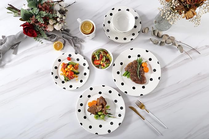 16-Piece Black and White Polka Dot Dinnerware Set for 4, Modern Porcelain Plates and Bowls Set, Ceramic Dish Set with Mugs, Dishwasher & Microwave Safe, Elegant Kitchen Gift - White
