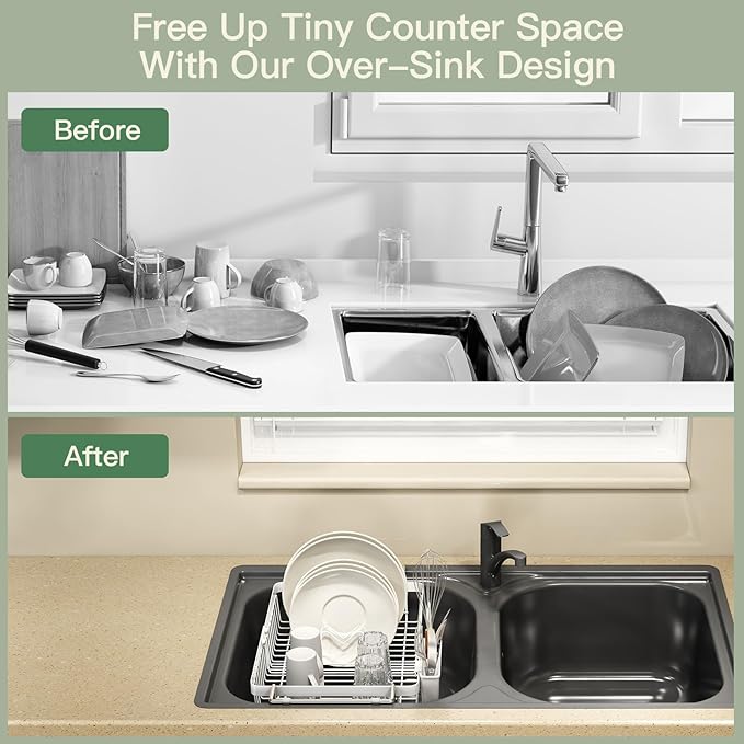 MAJALiS White Dish Drying Rack Over The Sink with Utensil Holder | Expandable Stainless Steel Dish Drainer for Small Kitchen, Apartment, RV, Counter Space Saving, Perfect Fit, Rustproof