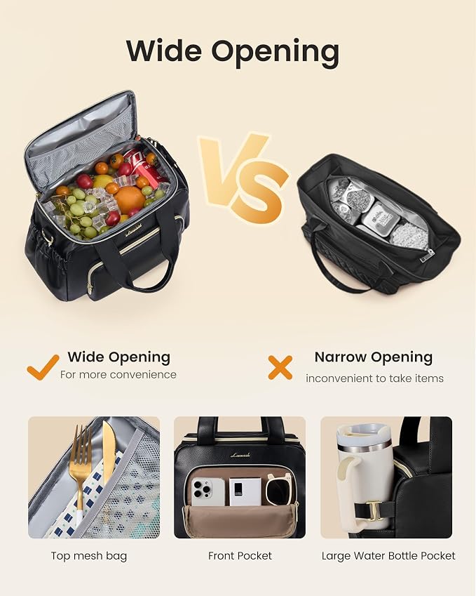 LOVEVOOK Insulated Lunch Bag for Women, PU leather Lunch Box with Shoulder Strap, Wide Opening Adult Large Lunch bags for Work Picnic Beach Family Camping Outdoor Teacher
