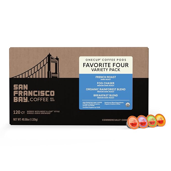 San Francisco Bay K-Cup Coffee Pods Favorite Four Variety Pack (120 ct), Includes French Roast, Fog Chaser, Organic Rainforest, & Breakfast Blend, Commercially Compostable Single-Serve Coffee Pods
