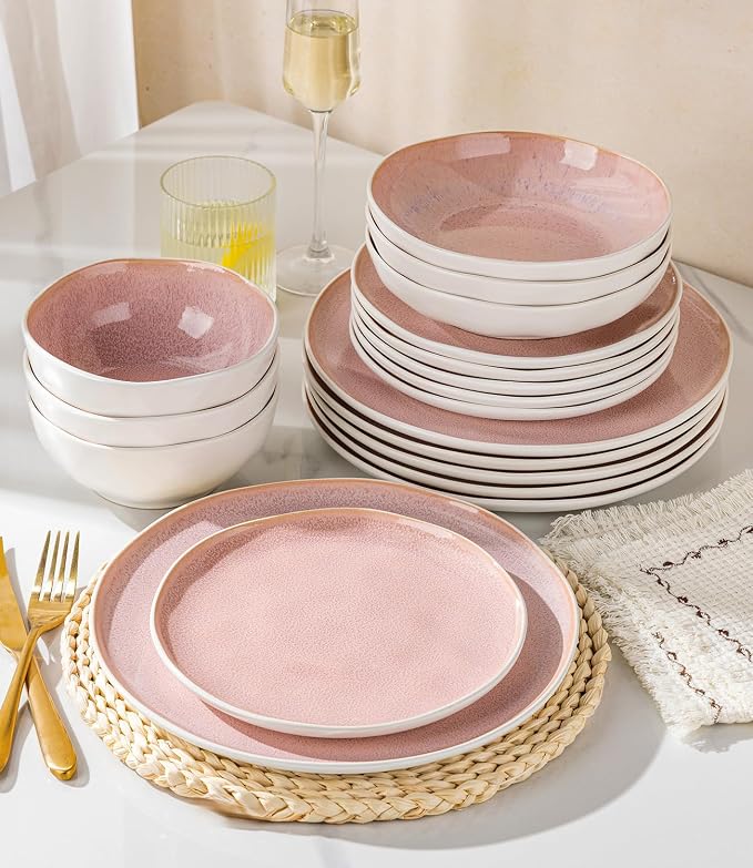 GBHOME Stoneware Dinnerware Sets for 6, 24 Pieces Rustic Ceramic Plates and Bowls Set, Handmade Reactive Glaze Plate Sets, Highly Chip Resistant Dishes, Microwave & Dishwasher Safe, Pink