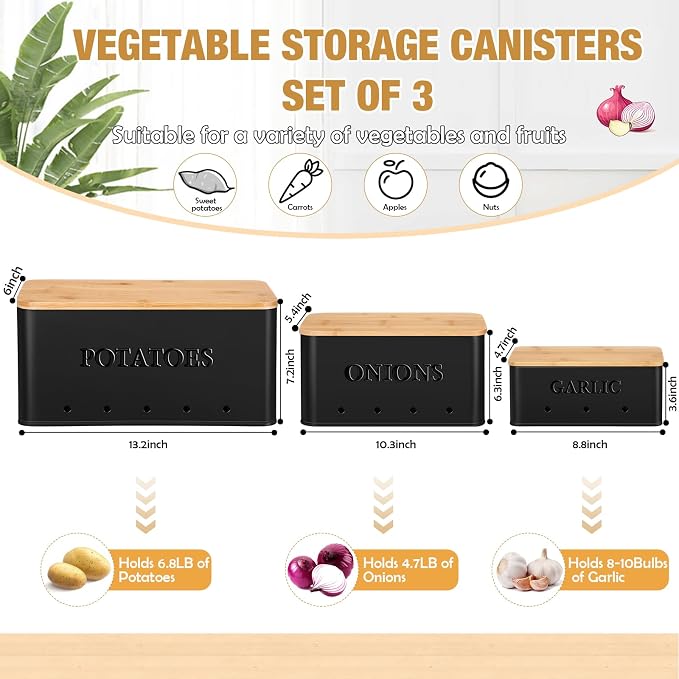 Honeydak 3 PCS Black Potato Onion Garlic Storage Bins Set, Metal Vegetable Keeper Containers with Lids Aerating Holes for Kitchen Counter Pantry Keep Fresh Longer Farmhouse for Sweet-potato Fruit
