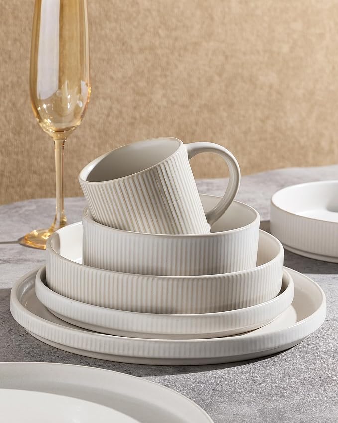 Famiware Star Dinnerware Set with Pasta Bowls, Service for 4 (16pcs), Ribbed Stoneware Plates and Double Bowls Dishes Sets - Chip & Scratch Resistant, Microwave & Dishwasher Safe, Matte White