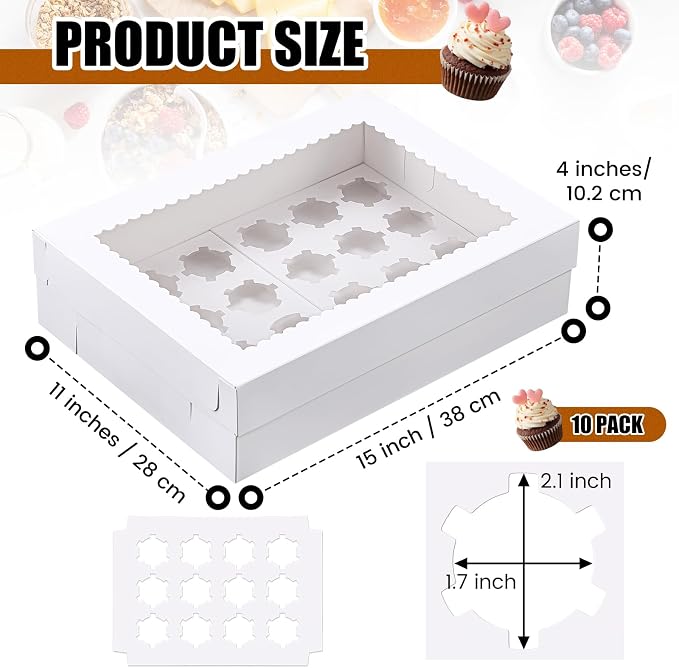 AmazingSpark 10 Pack 24 Count Cupcake Boxes, Mini Cupcake Containers, 14.9 x 11 x 4 Inch White Disposable Bakery Boxes with Window and Inserts for Birthday Holiday Party Bakery Desserts