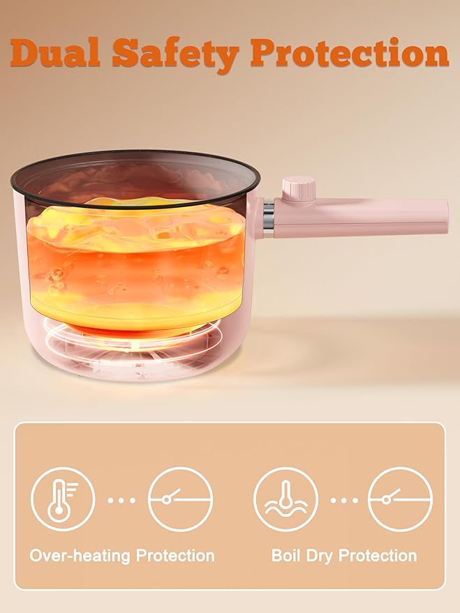 Topwit Hot Pot Electric with Steamer, 1.5L Ramen Cooker, Non-Stick Sauté Pan, Portable Cooking Pot, Electric Cooker with Dual Power Control, BPA Free, Over-Heating & Boil Dry Protection, Pink