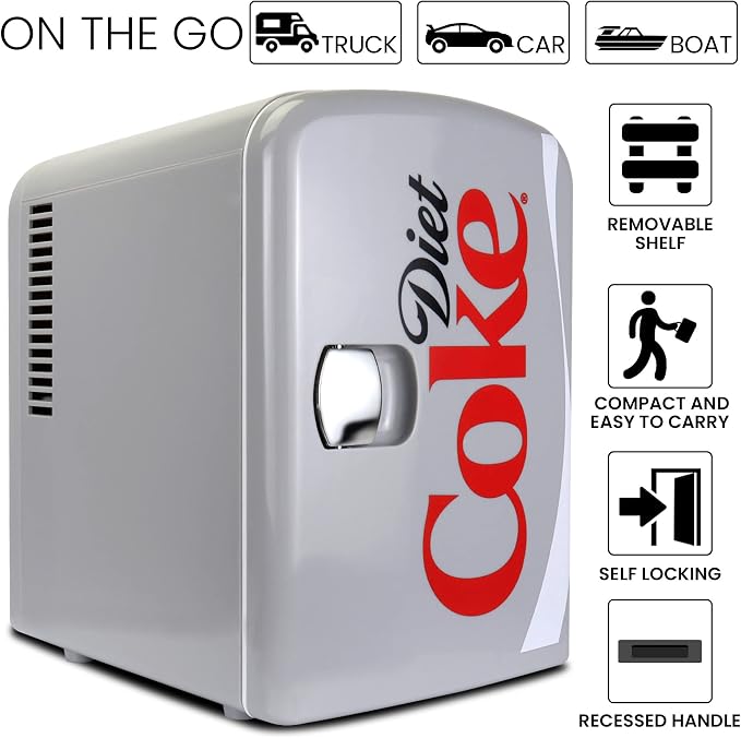 Coca-Cola Diet Coke DC04 4 Liter/4.2 Quarts 6 Can Portable Mini Cooler/Fridge, Beverages, Baby Food, Skincare and Medications-Use at Home, Office, Dorm, Car, RV or Boat-with AC & DC Plugs, Gray