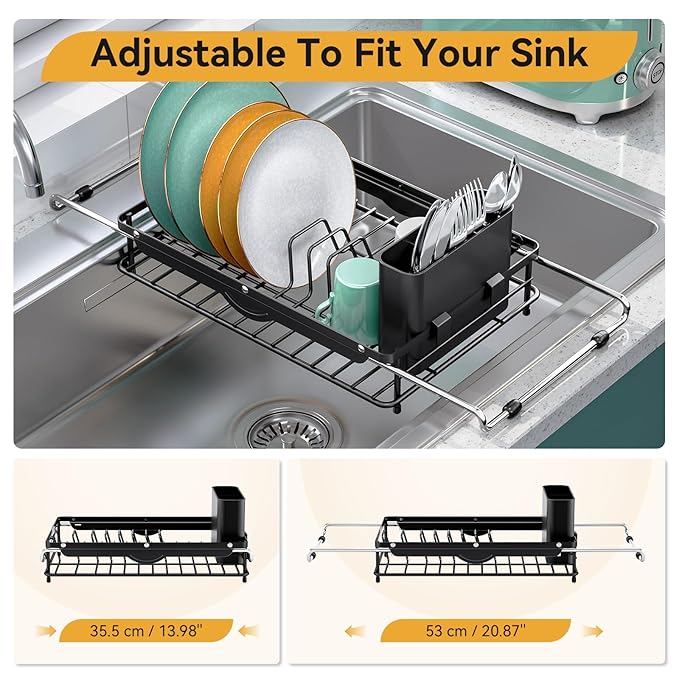 Over the Sink Dish Drying Rack,In Sink Dish Drying Racks,Expandable Dish Rack Over Sink Counter,Adjustable Dish Drainer for Inside Sink with Utensil Holder, Stainless Steel Dish Strainer Compact Size