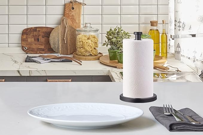 Black Standing Paper Towel Holder for Kitchen& Bathroom Countertop,Under Counter, Table Or BBQ, Standard or Jumbo-Sized Roll Paper (with Stainless Steel Base)