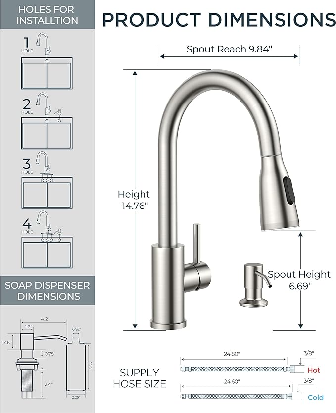 FORIOUS LED Kitchen Faucet with Soap Dispenser and Pull Down Sprayer, Brushed Nickel High Arc Single Handle 3 Modes Stainless Steel Bar Faucet for Kitchen Sink Wet Laundry Camper