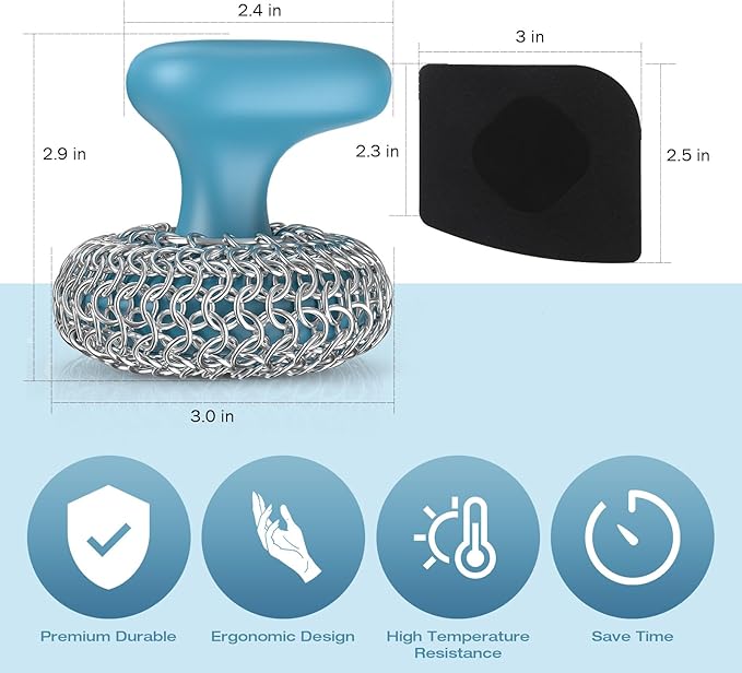 Cast Iron Scrubber | Dish Scrub Brush | 316 Cast Iron Cleaner Chainmail Scrubber Circle + Square 2PCS Blue