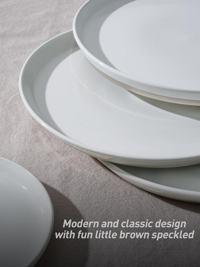 Famiware Saturn 16 Pieces Plates and Double Bowls Sets for 4, Stoneware Dinnerware Set with Pasta Bowl, Dish Set with Trim - Chip & Scratch Resistant, Microwave & Dishwasher Safe, White