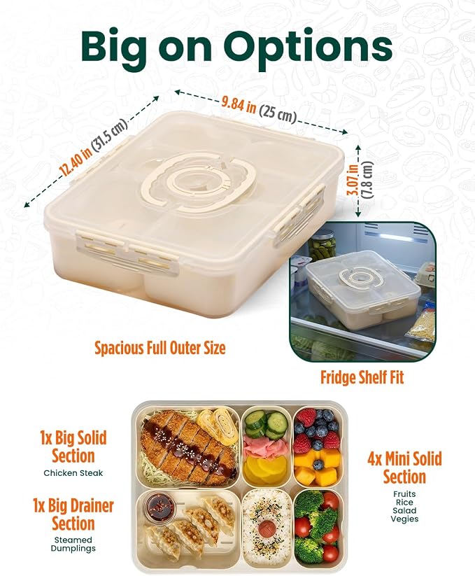 GIRAFFYCO Creamy White Snackbox with Drain Compartment, Portable Snackle Box w/Insulated Carry Bag & Reusable IcePack, 6 Removable Compartments (2 Large + 4 Small) w/Individual Lids, BPA‐Free