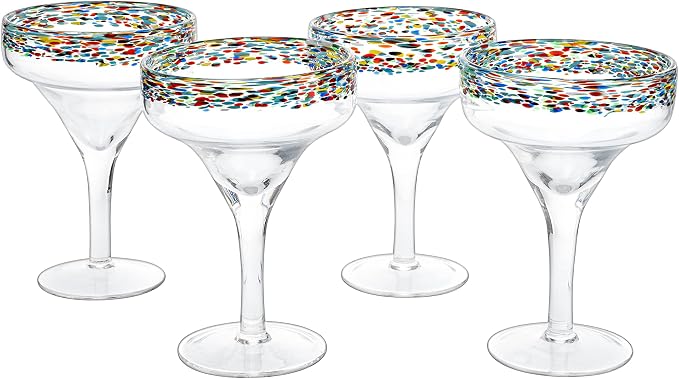 Margarita Glasses – Set of 4 - Luxury Hand Blown Confetti Margaritas, Cocktails, Water, Wine, Dessert, Martini & Champagne Cinco de Mayo, Hand Blown - Mexican Confetti Design Glass, Party, Home & Bar
