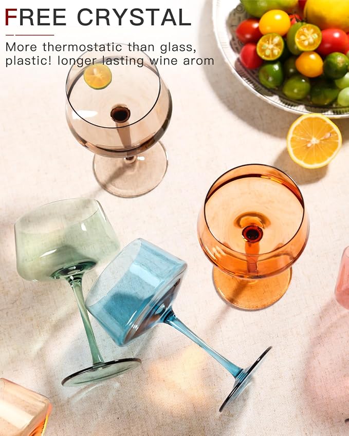 comfit Hand Blown Colored Coupe Glasses Set of 6-13oz large Crystal Martini, Cocktail & Champagne Glasses -Cute & Colorful Cocktail Glassware-Perfect for Bar, Cocktails, Martinis-Wedding Gifts
