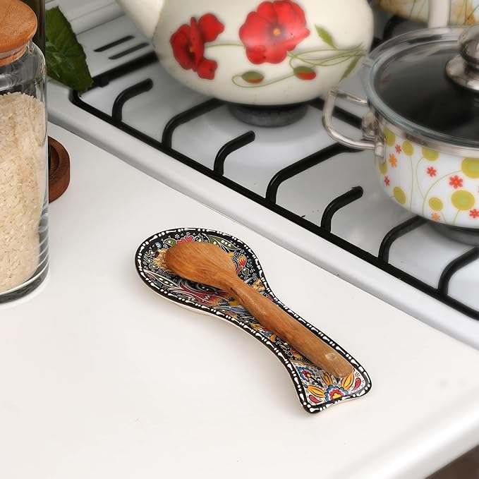 BCS Spoon Rest Set of 2 - Ceramic Spoon Holder for Stovetop & Kitchen Counter - Dishwasher Safe Handmade Kitchen Utensil (Yellow-Black 3.5” W x 9" L)