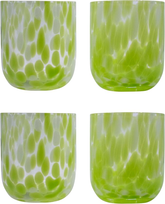 Stephanie Imports Set of 4 Handcrafted Double Old-Fashioned Confetti Drinking Glasses (12 oz) (Pear Green & White)