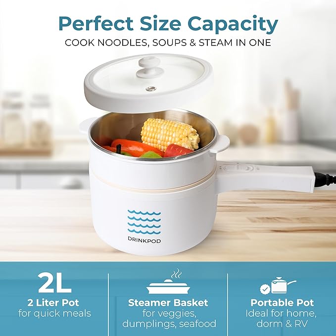 DRINKPOD 2L Electric Hot Pot with Steamer, Portable Multi Cooker for Ramen, Eggs, Soup, Oatmeal Non-Stick Mini Pot with Adjustable Temperature (WHITE)