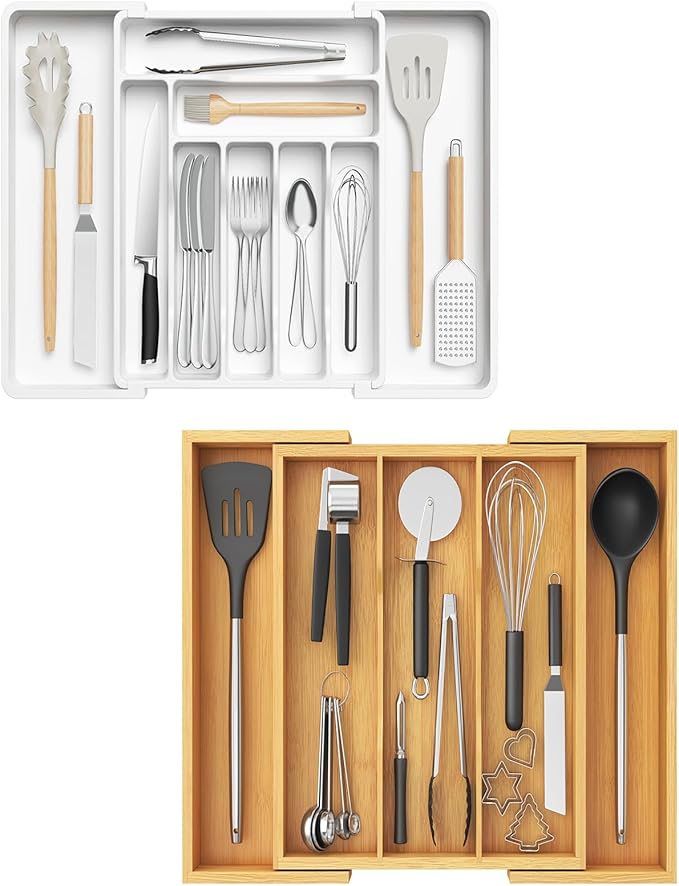 Lifewit Silverware Drawer Organizer, Expandable Cooking Utensil Tray, Adjustable Cutlery and Flatware Tray, Plastic Spoons Forks Knives Holder Storage Dividers, Large